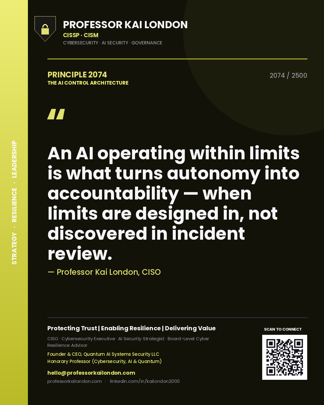 Professor Kai London principle 2074: An AI operating within limits is what turns autonomy into accountability — when limits are designed in, not discovered in incident review.