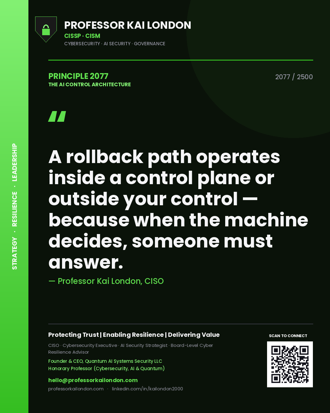 Professor Kai London principle 2077: A rollback path operates inside a control plane or outside your control — because when the machine decides, someone must answer.