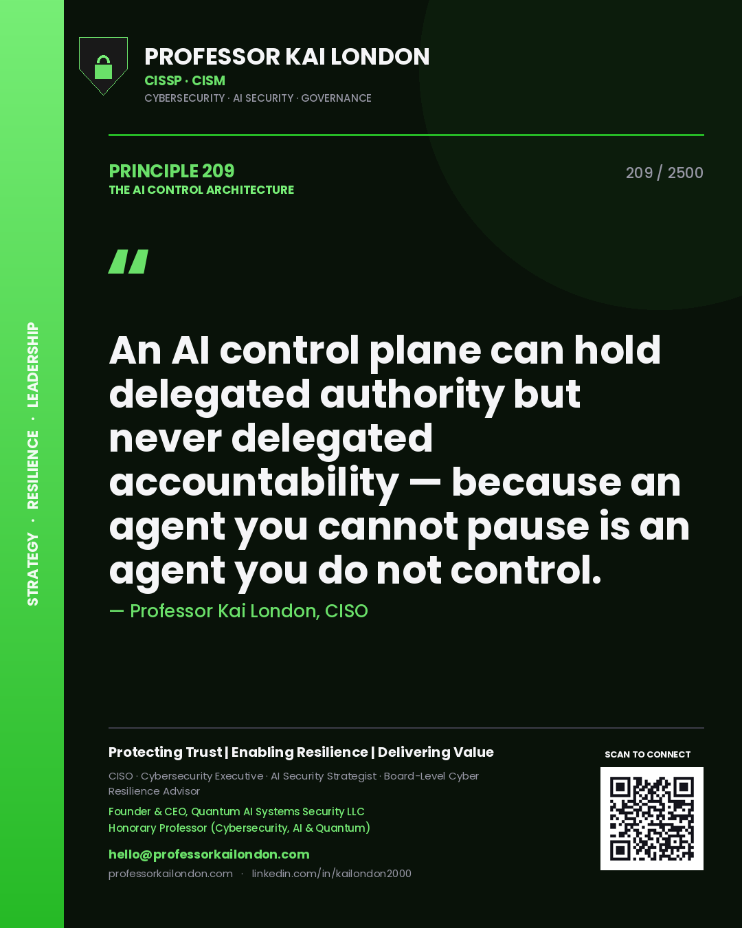 Professor Kai London principle 209: An AI control plane can hold delegated authority but never delegated accountability — because an agent you cannot pause is an agent you do not control.