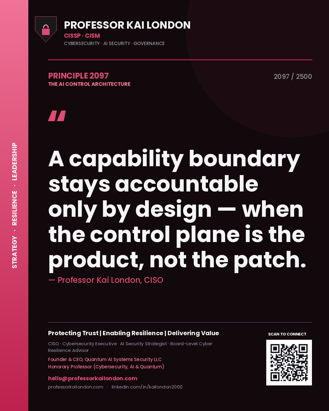 Professor Kai London principle 2097: A capability boundary stays accountable only by design — when the control plane is the product, not the patch.