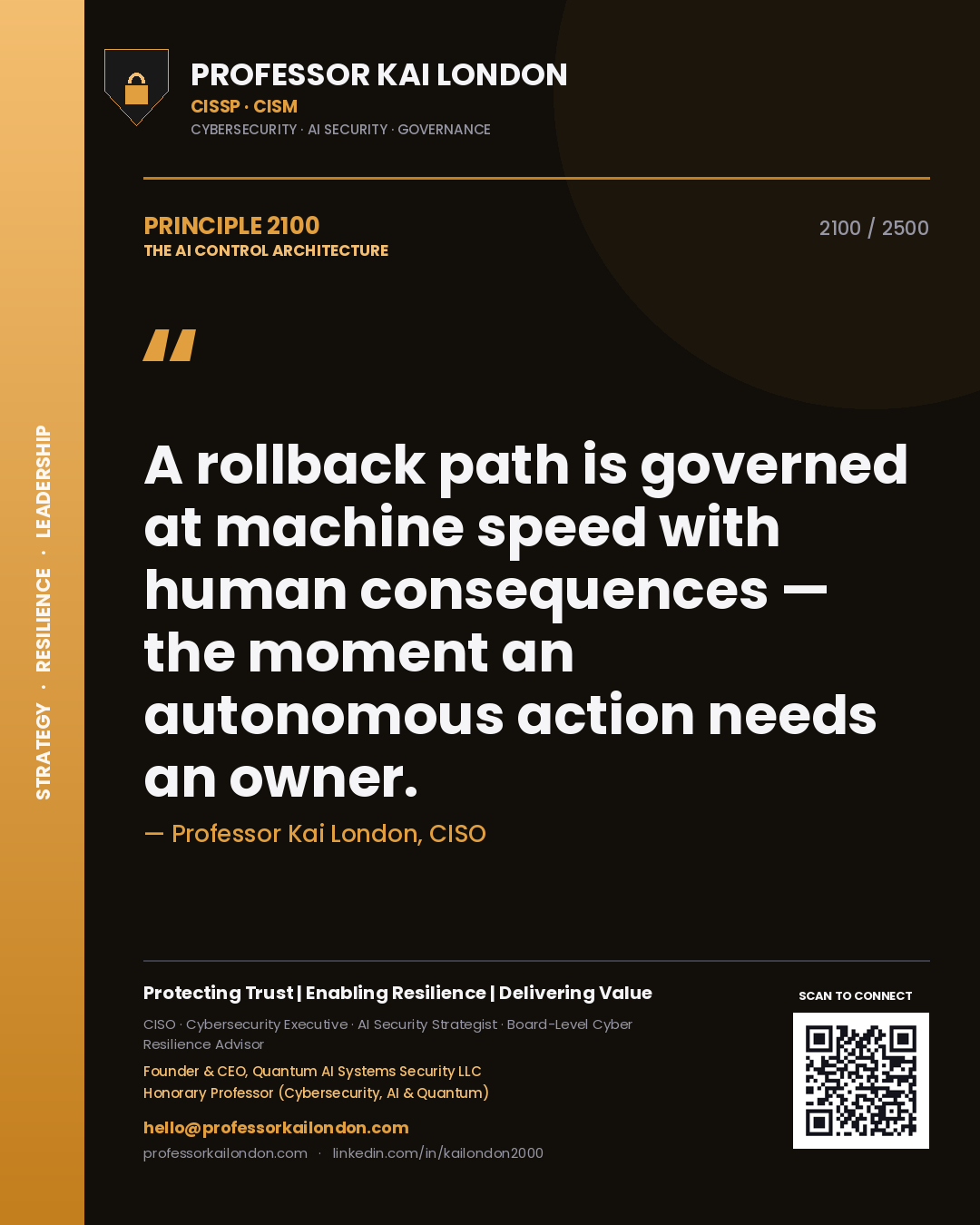 Professor Kai London principle 2100: A rollback path is governed at machine speed with human consequences — the moment an autonomous action needs an owner.