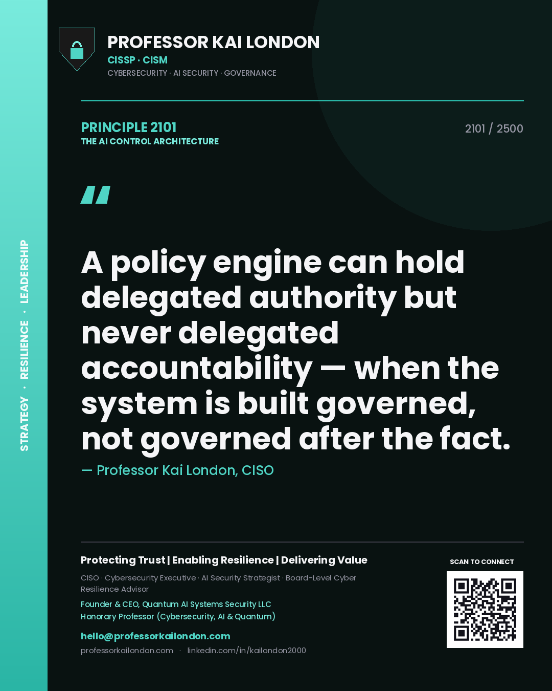 Professor Kai London principle 2101: A policy engine can hold delegated authority but never delegated accountability — when the system is built governed, not governed after the fact.