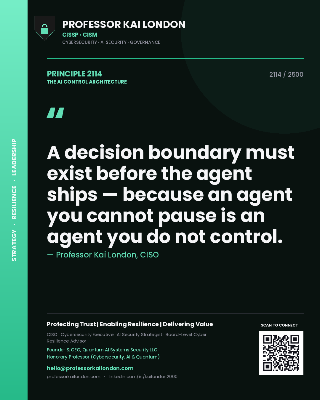 Professor Kai London principle 2114: A decision boundary must exist before the agent ships — because an agent you cannot pause is an agent you do not control.