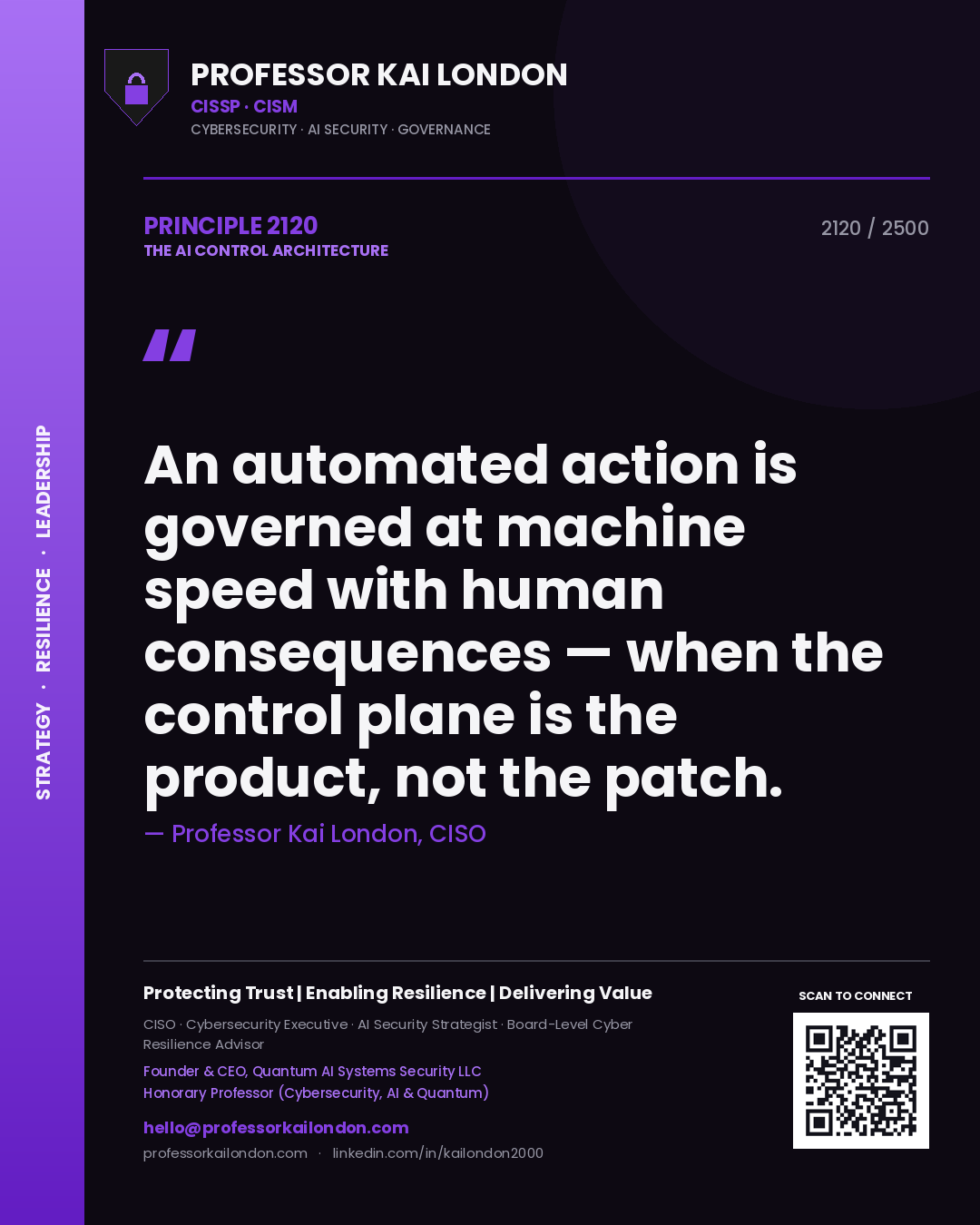 Professor Kai London principle 2120: An automated action is governed at machine speed with human consequences — when the control plane is the product, not the patch.