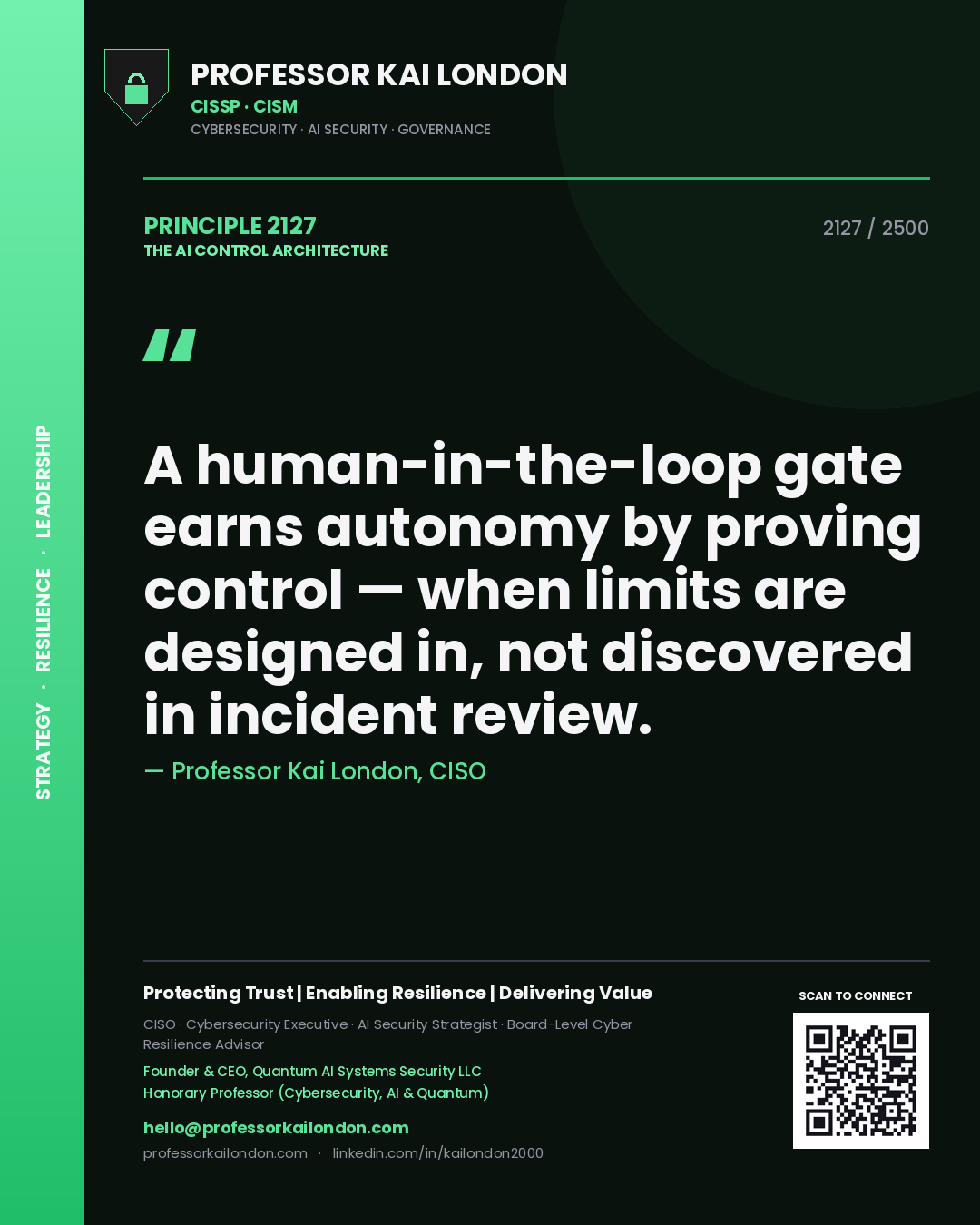 Professor Kai London principle 2127: A human-in-the-loop gate earns autonomy by proving control — when limits are designed in, not discovered in incident review.