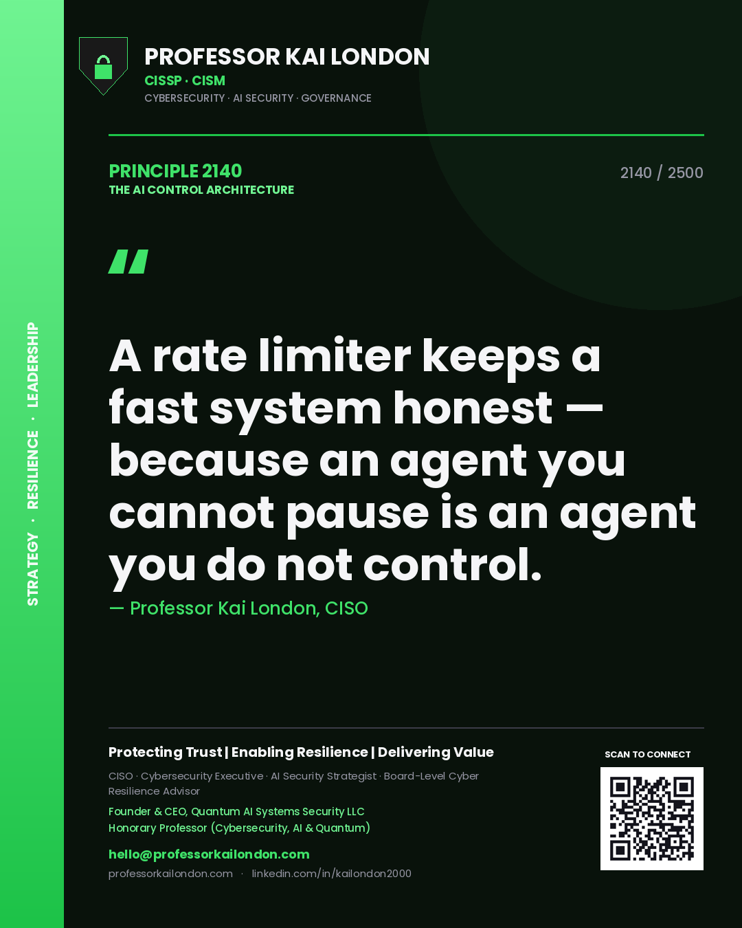 Professor Kai London principle 2140: A rate limiter keeps a fast system honest — because an agent you cannot pause is an agent you do not control.