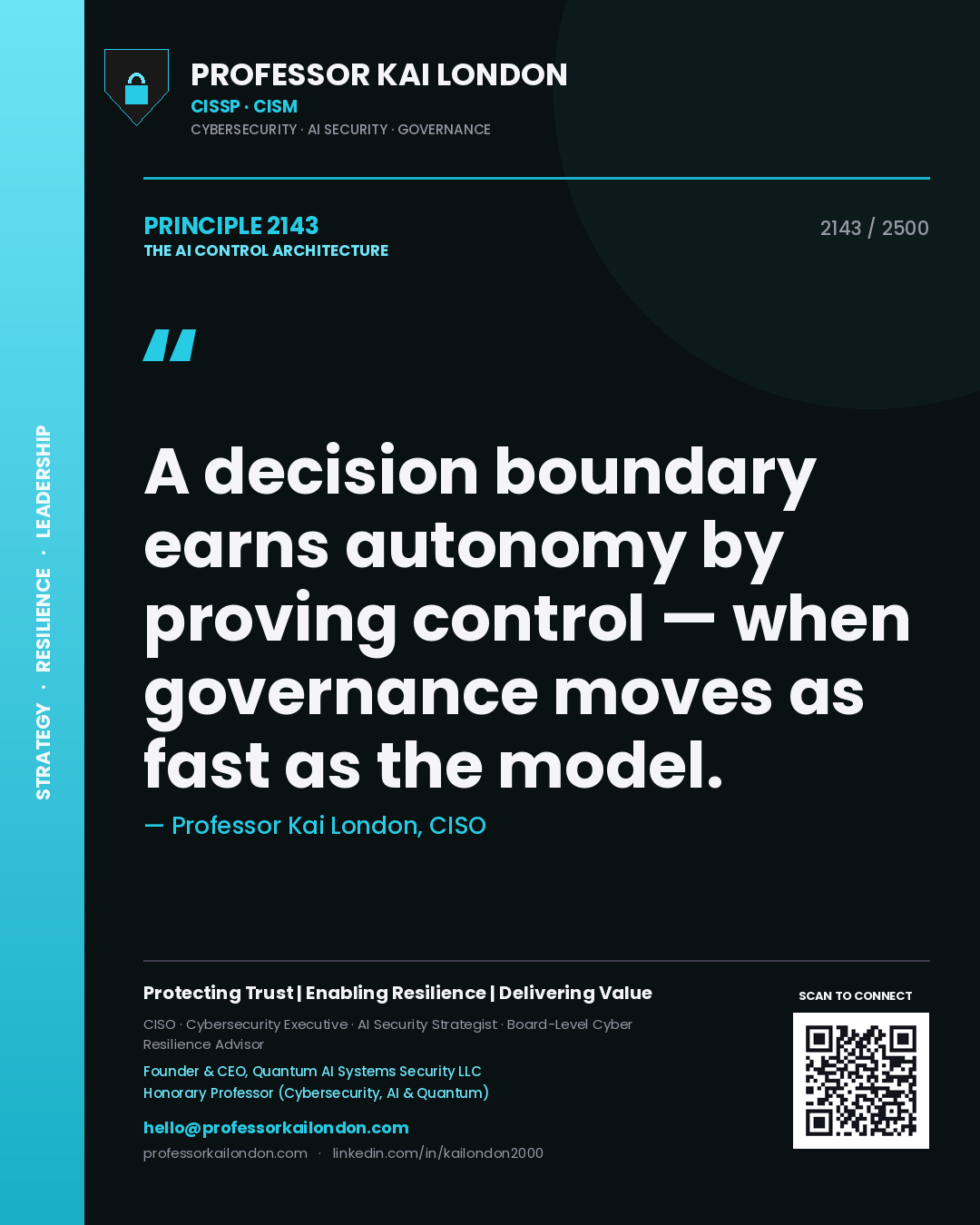 Professor Kai London principle 2143: A decision boundary earns autonomy by proving control — when governance moves as fast as the model.