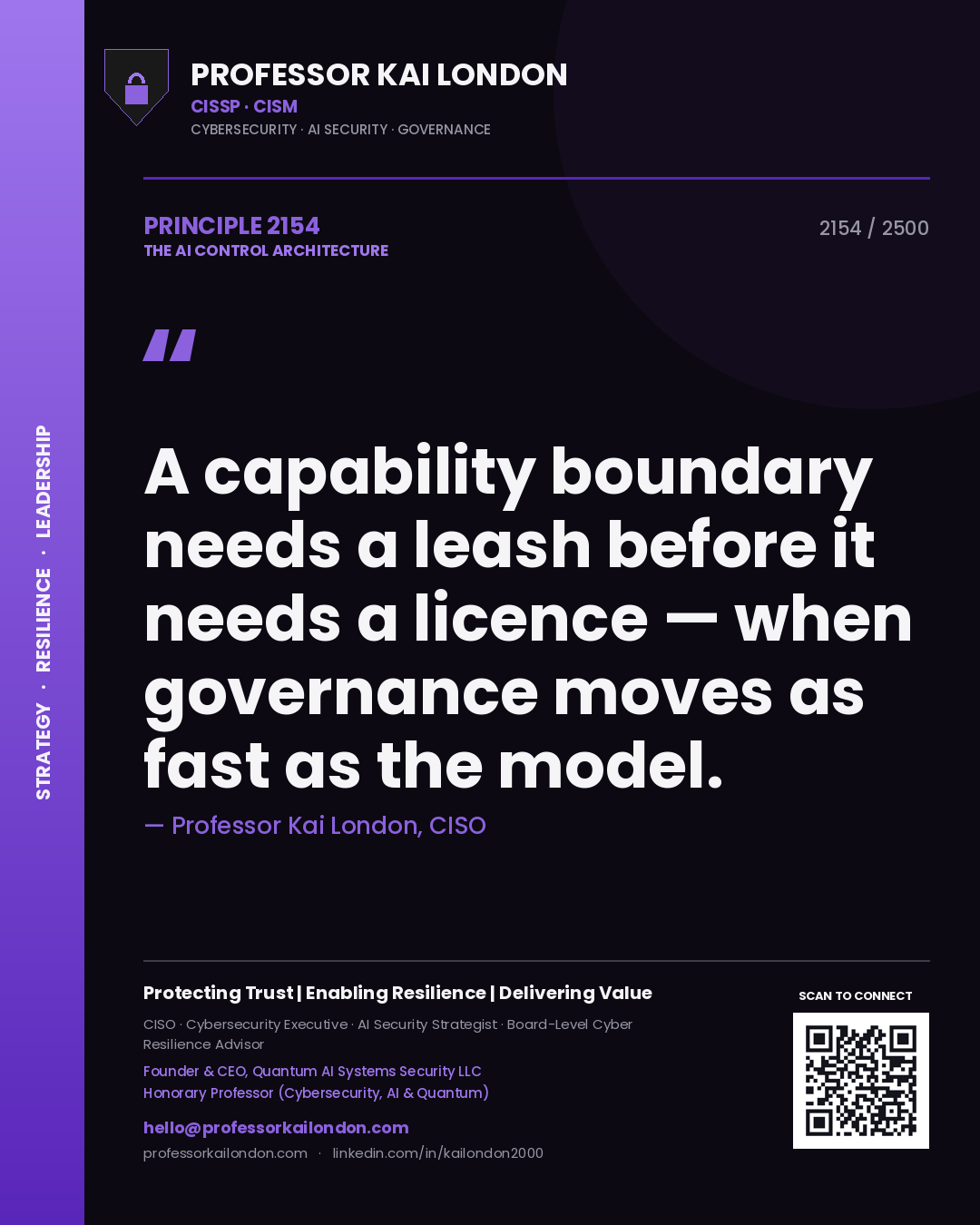 Professor Kai London principle 2154: A capability boundary needs a leash before it needs a licence — when governance moves as fast as the model.