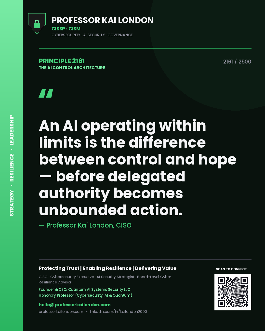Professor Kai London principle 2161: An AI operating within limits is the difference between control and hope — before delegated authority becomes unbounded action.
