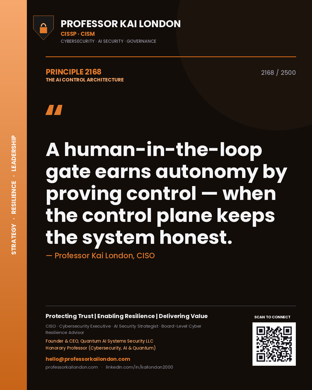 Professor Kai London principle 2168: A human-in-the-loop gate earns autonomy by proving control — when the control plane keeps the system honest.