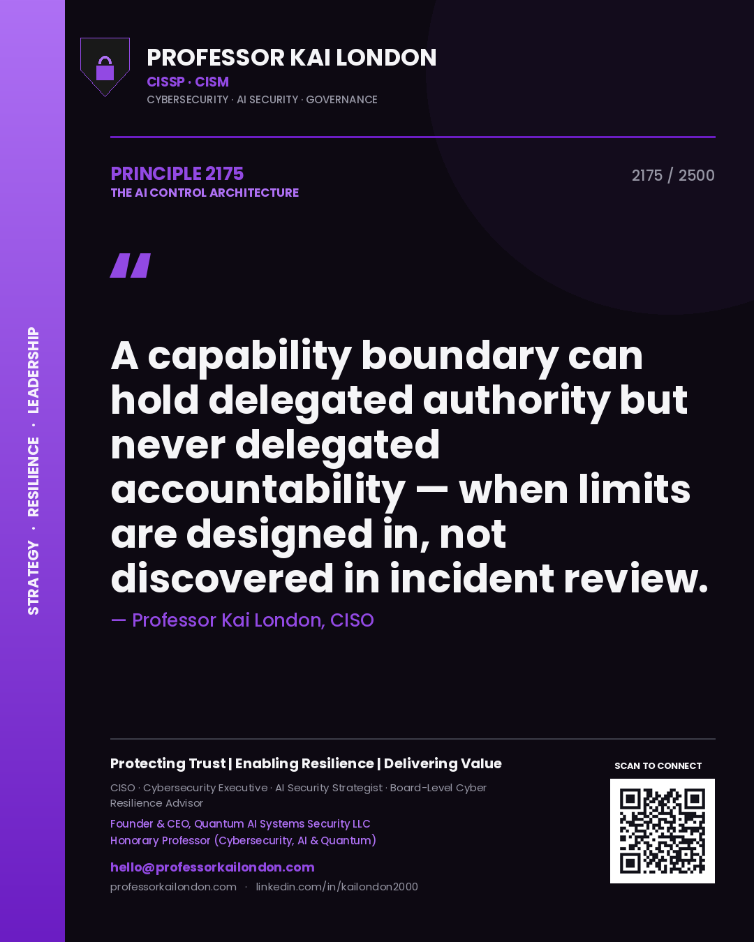 Professor Kai London principle 2175: A capability boundary can hold delegated authority but never delegated accountability — when limits are designed in, not discovered in incident review.