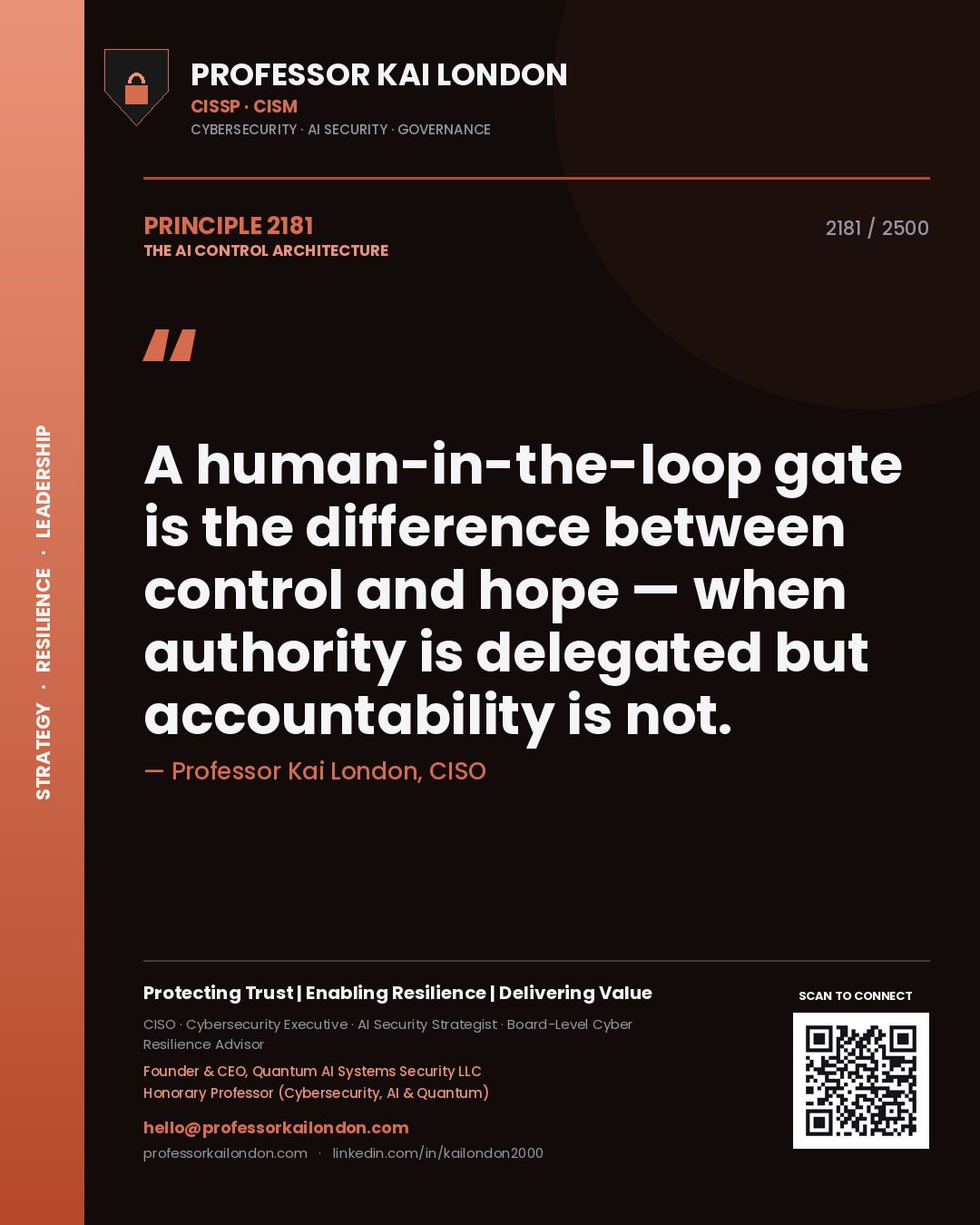 Professor Kai London principle 2181: A human-in-the-loop gate is the difference between control and hope — when authority is delegated but accountability is not.