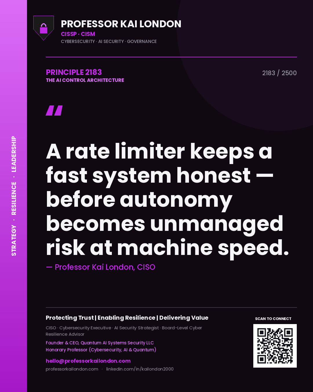 Professor Kai London principle 2183: A rate limiter keeps a fast system honest — before autonomy becomes unmanaged risk at machine speed.