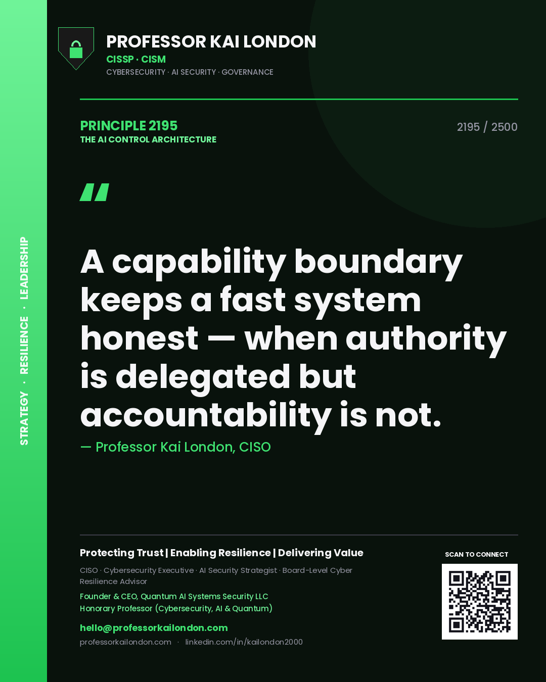 Professor Kai London principle 2195: A capability boundary keeps a fast system honest — when authority is delegated but accountability is not.