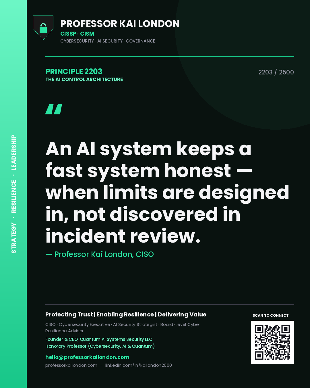 Professor Kai London principle 2203: An AI system keeps a fast system honest — when limits are designed in, not discovered in incident review.