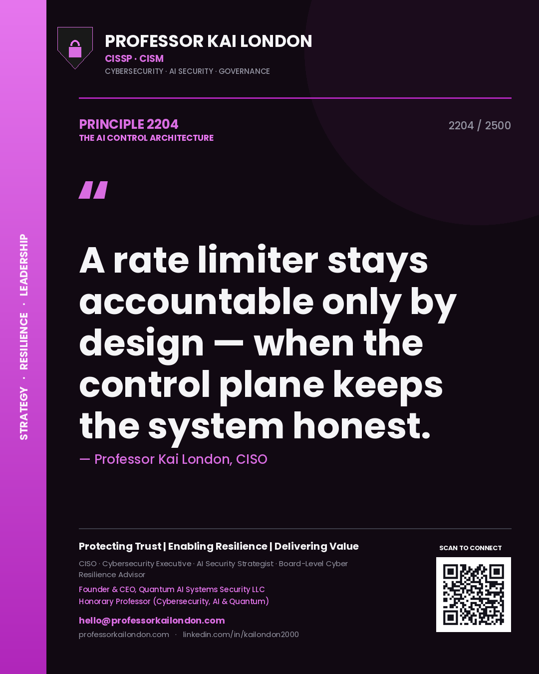 Professor Kai London principle 2204: A rate limiter stays accountable only by design — when the control plane keeps the system honest.