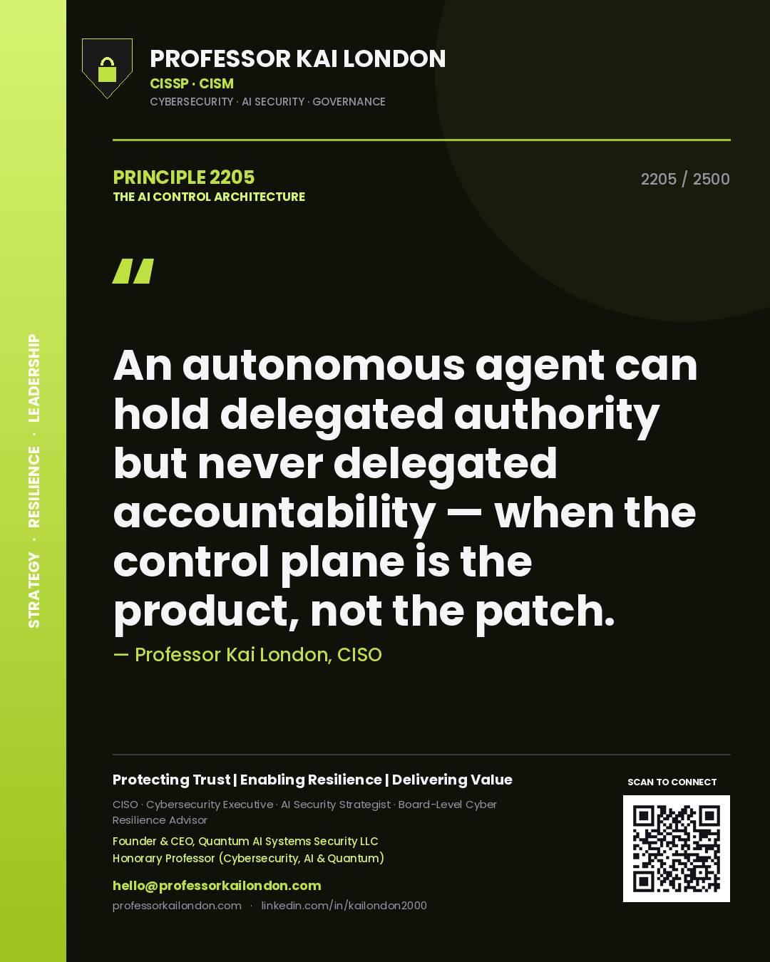 Professor Kai London principle 2205: An autonomous agent can hold delegated authority but never delegated accountability — when the control plane is the product, not the patch.