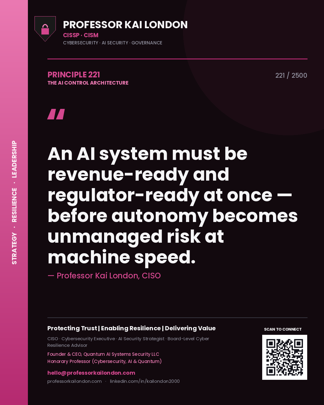 Professor Kai London principle 221: An AI system must be revenue-ready and regulator-ready at once — before autonomy becomes unmanaged risk at machine speed.