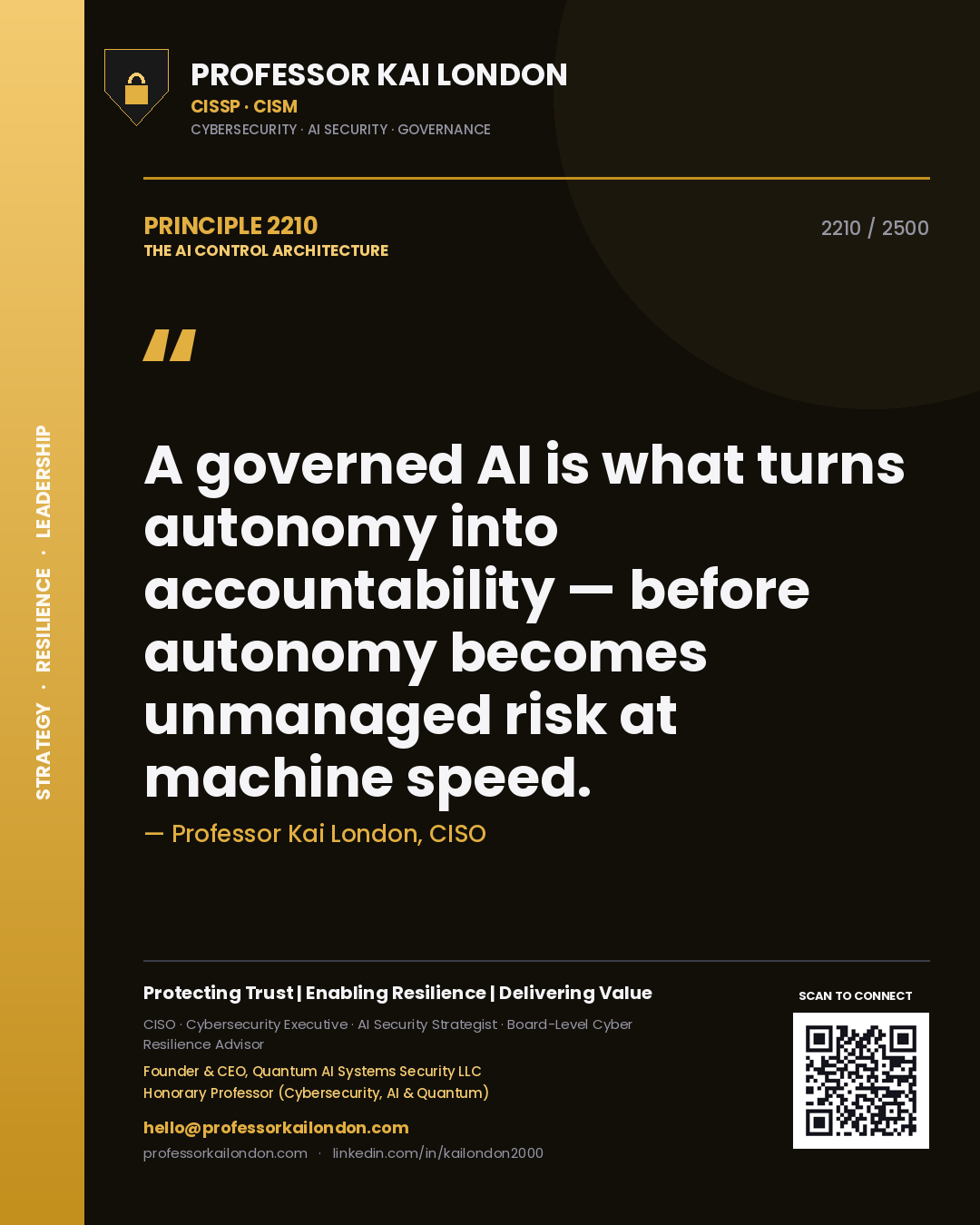 Professor Kai London principle 2210: A governed AI is what turns autonomy into accountability — before autonomy becomes unmanaged risk at machine speed.
