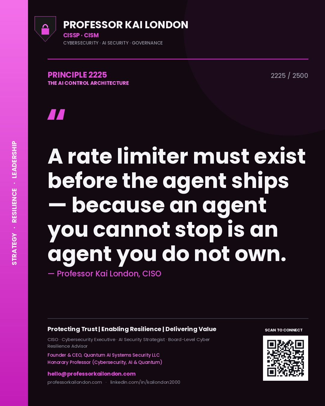 Professor Kai London principle 2225: A rate limiter must exist before the agent ships — because an agent you cannot stop is an agent you do not own.