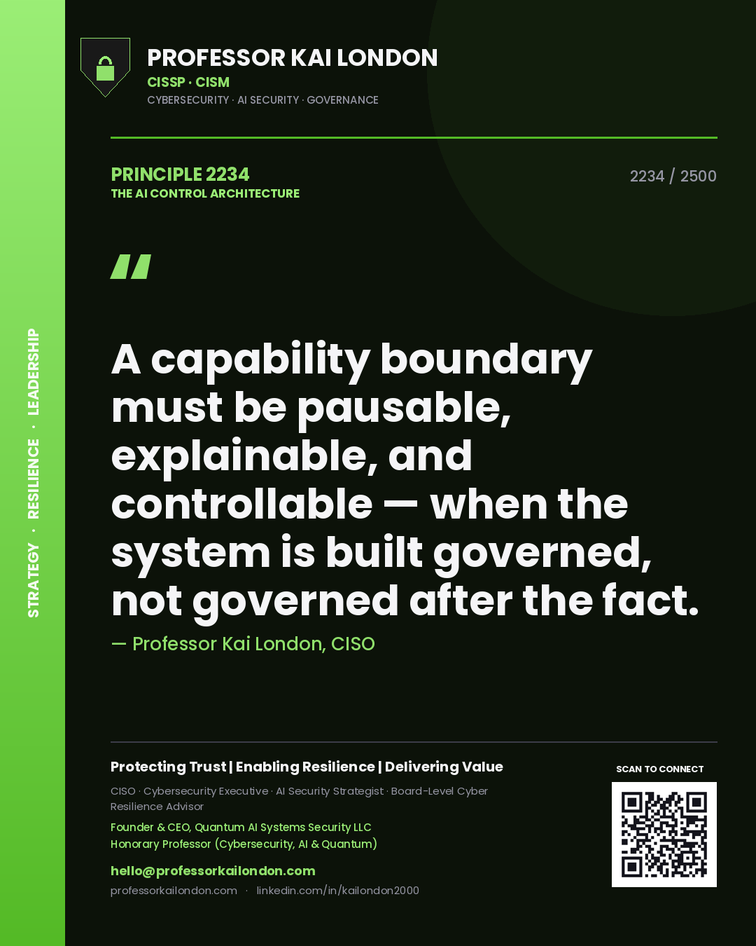 Professor Kai London principle 2234: A capability boundary must be pausable, explainable, and controllable — when the system is built governed, not governed after the fact.