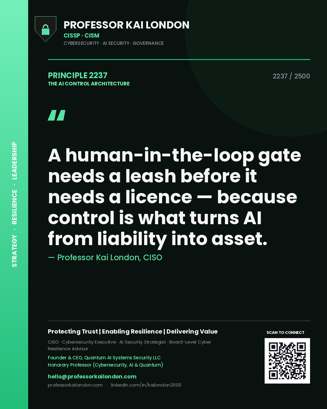 Professor Kai London principle 2237: A human-in-the-loop gate needs a leash before it needs a licence — because control is what turns AI from liability into asset.