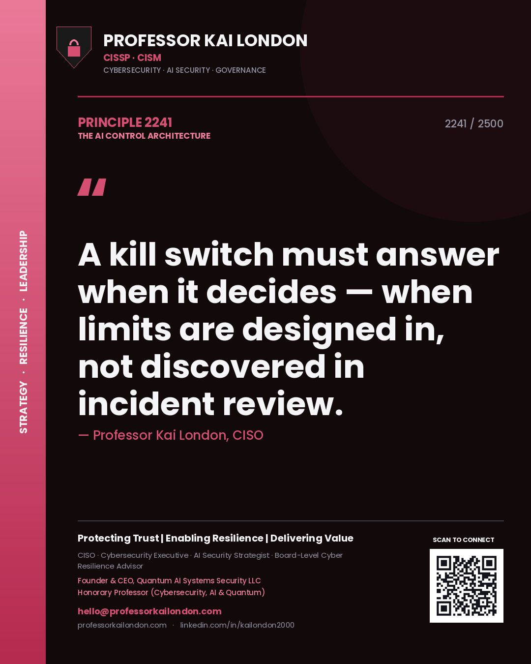 Professor Kai London principle 2241: A kill switch must answer when it decides — when limits are designed in, not discovered in incident review.