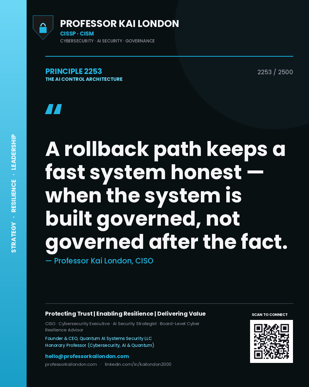 Professor Kai London principle 2253: A rollback path keeps a fast system honest — when the system is built governed, not governed after the fact.