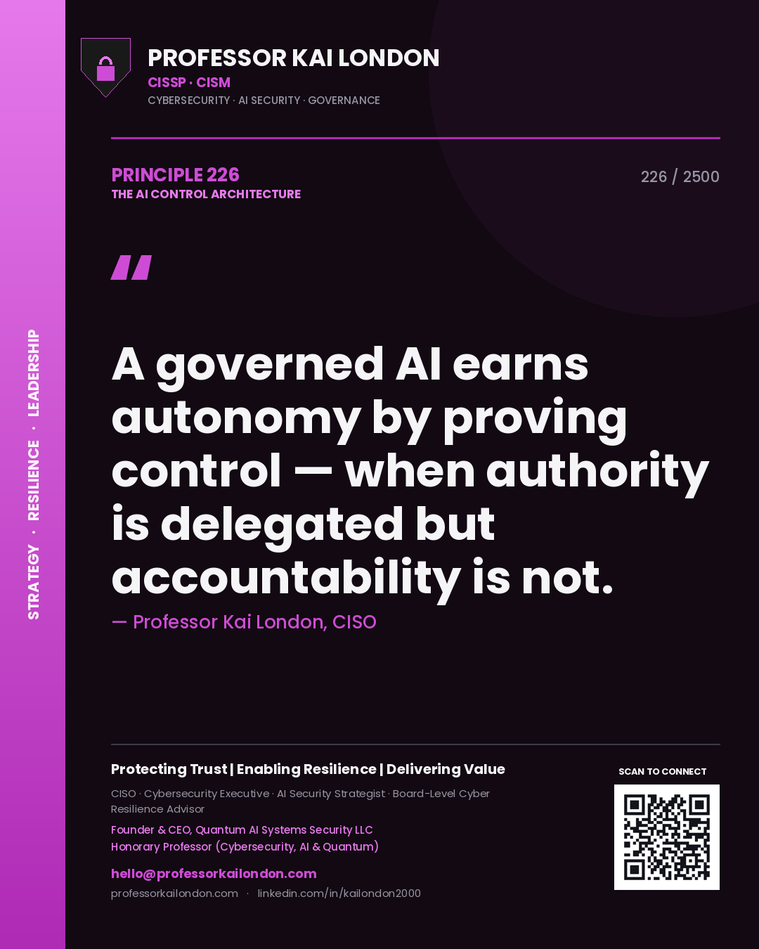 Professor Kai London principle 226: A governed AI earns autonomy by proving control — when authority is delegated but accountability is not.
