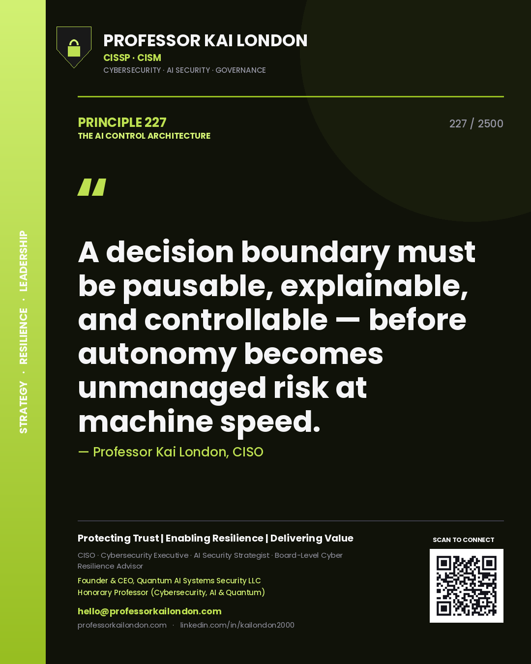 Professor Kai London principle 227: A decision boundary must be pausable, explainable, and controllable — before autonomy becomes unmanaged risk at machine speed.