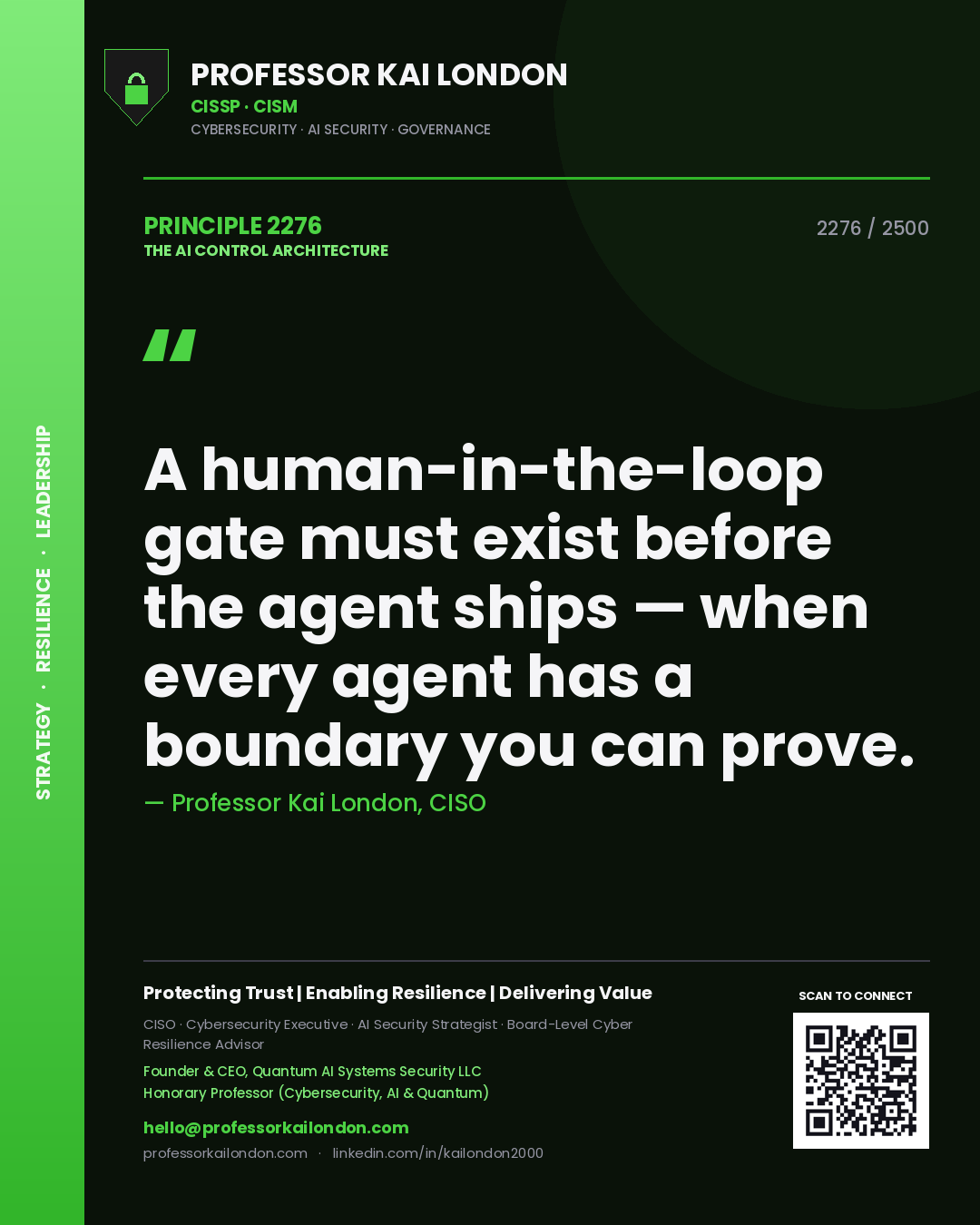 Professor Kai London principle 2276: A human-in-the-loop gate must exist before the agent ships — when every agent has a boundary you can prove.