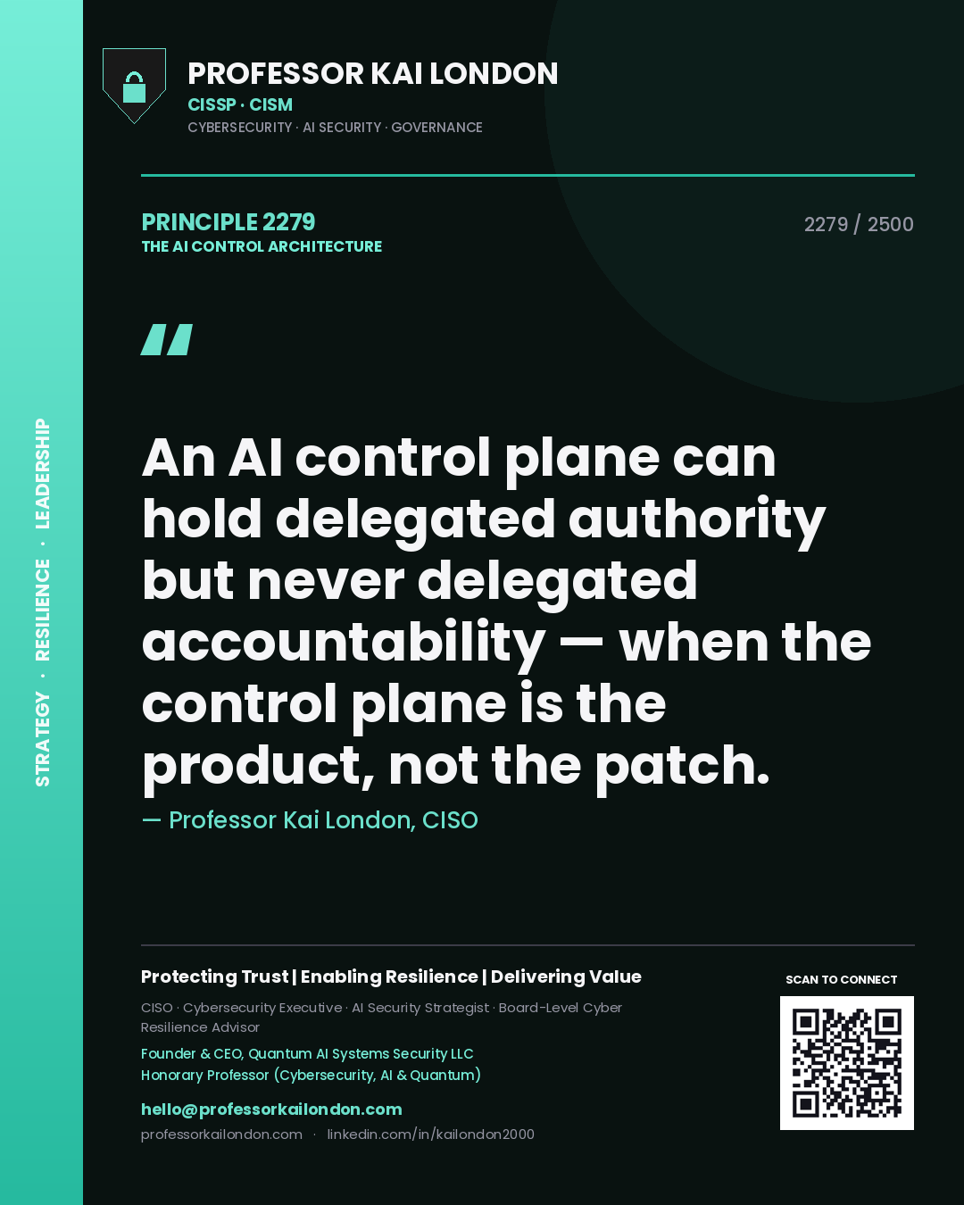 Professor Kai London principle 2279: An AI control plane can hold delegated authority but never delegated accountability — when the control plane is the product, not the patch.