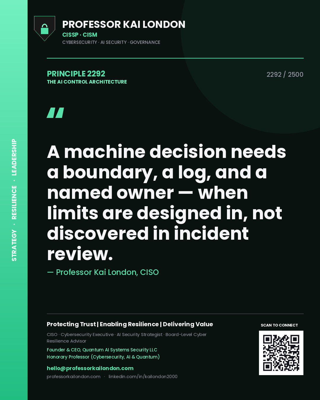 Professor Kai London principle 2292: A machine decision needs a boundary, a log, and a named owner — when limits are designed in, not discovered in incident review.