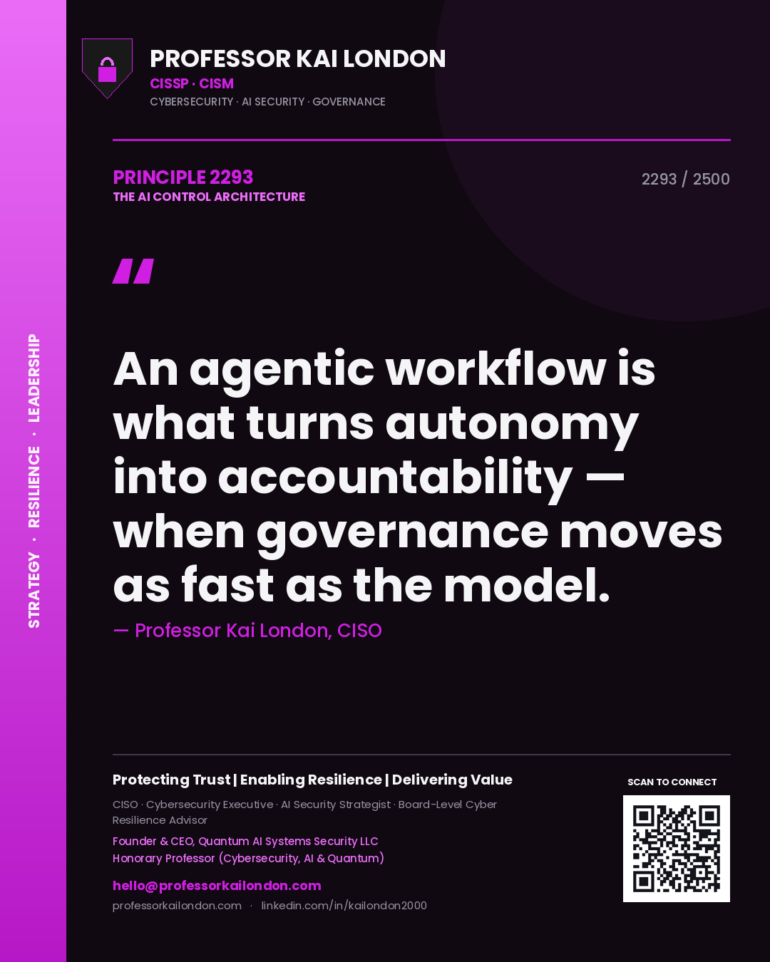 Professor Kai London principle 2293: An agentic workflow is what turns autonomy into accountability — when governance moves as fast as the model.