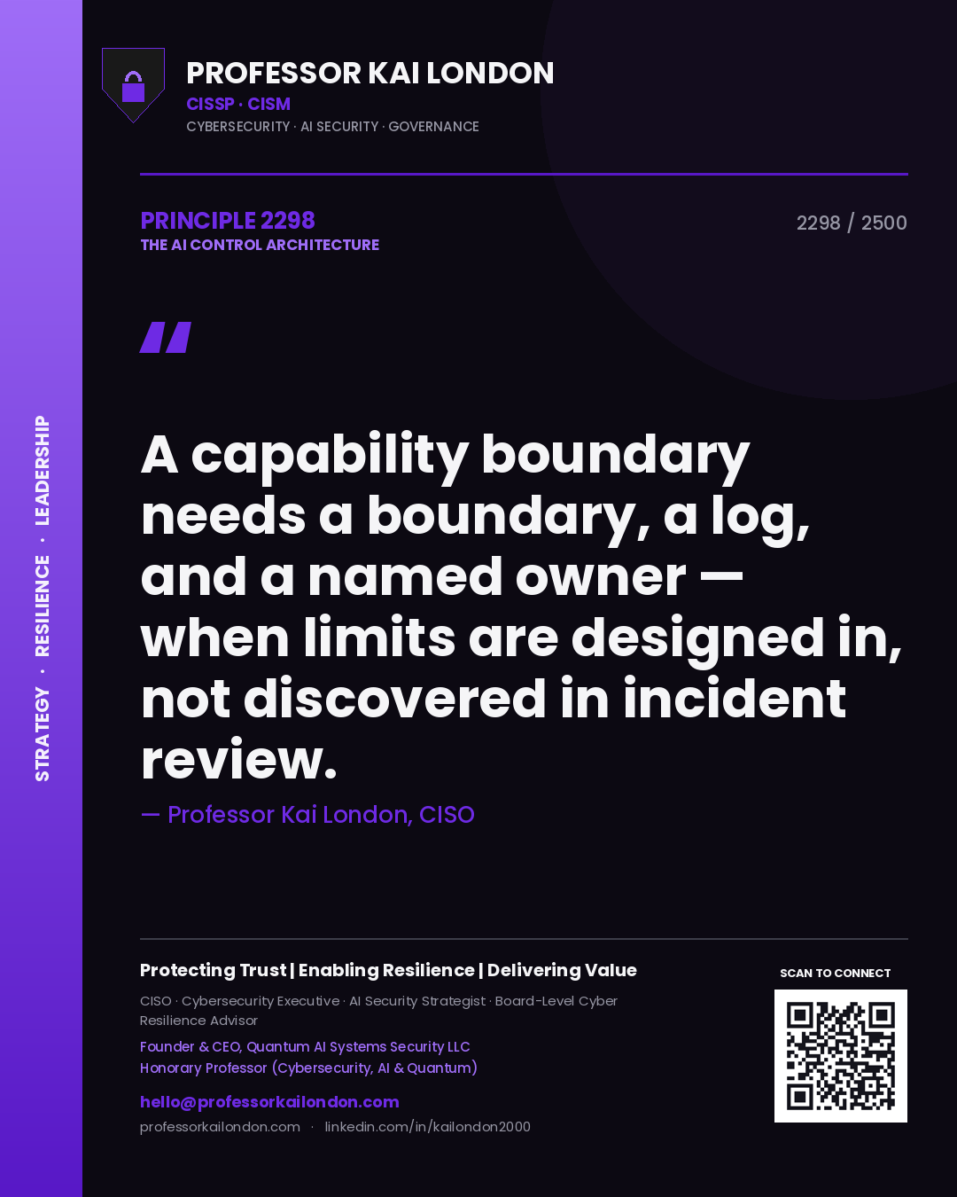Professor Kai London principle 2298: A capability boundary needs a boundary, a log, and a named owner — when limits are designed in, not discovered in incident review.