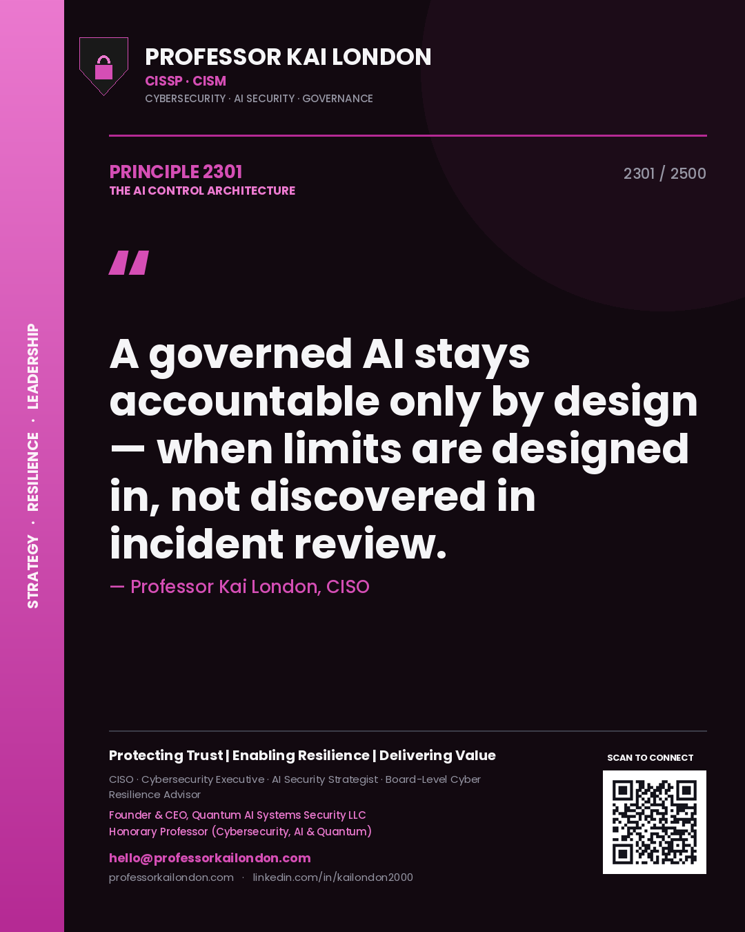 Professor Kai London principle 2301: A governed AI stays accountable only by design — when limits are designed in, not discovered in incident review.