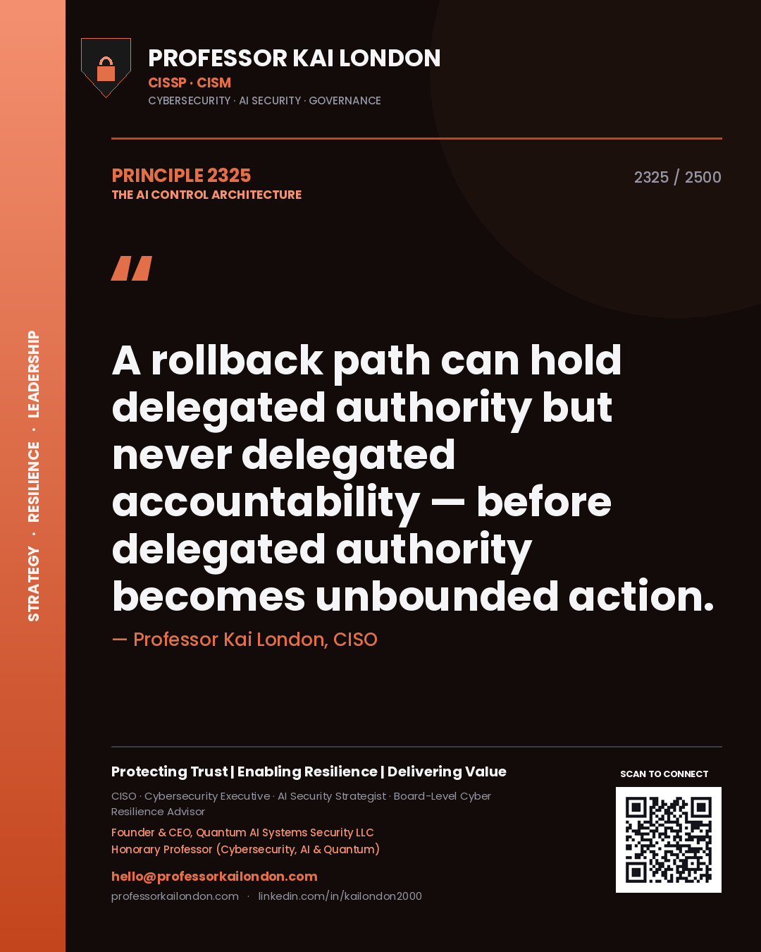 Professor Kai London principle 2325: A rollback path can hold delegated authority but never delegated accountability — before delegated authority becomes unbounded action.