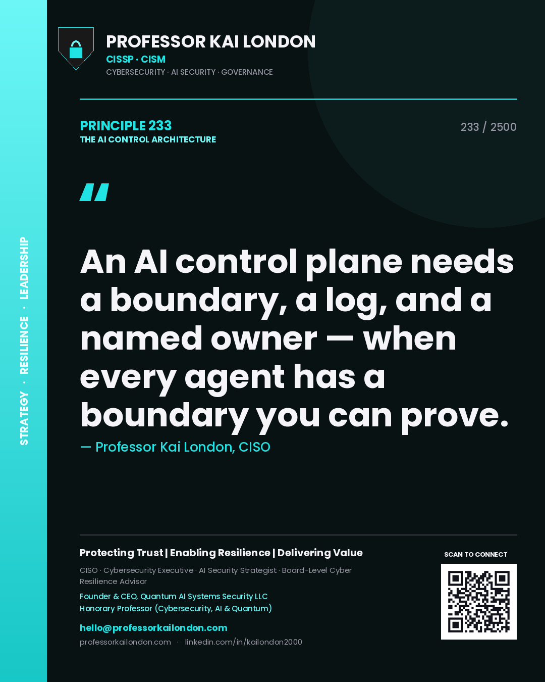 Professor Kai London principle 233: An AI control plane needs a boundary, a log, and a named owner — when every agent has a boundary you can prove.