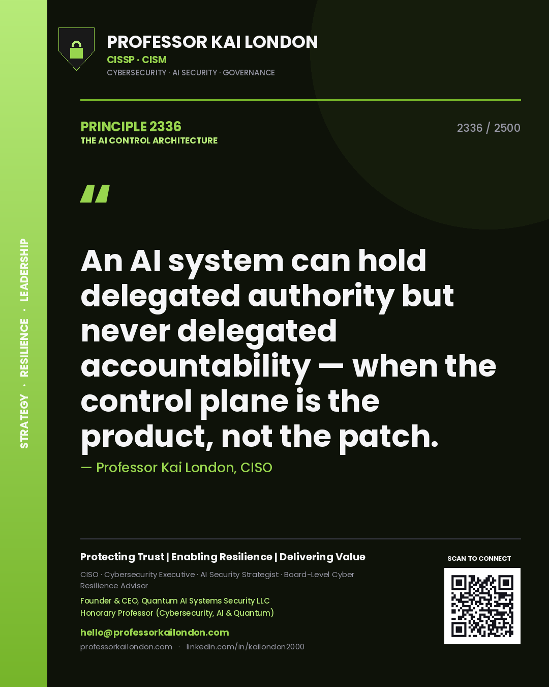 Professor Kai London principle 2336: An AI system can hold delegated authority but never delegated accountability — when the control plane is the product, not the patch.