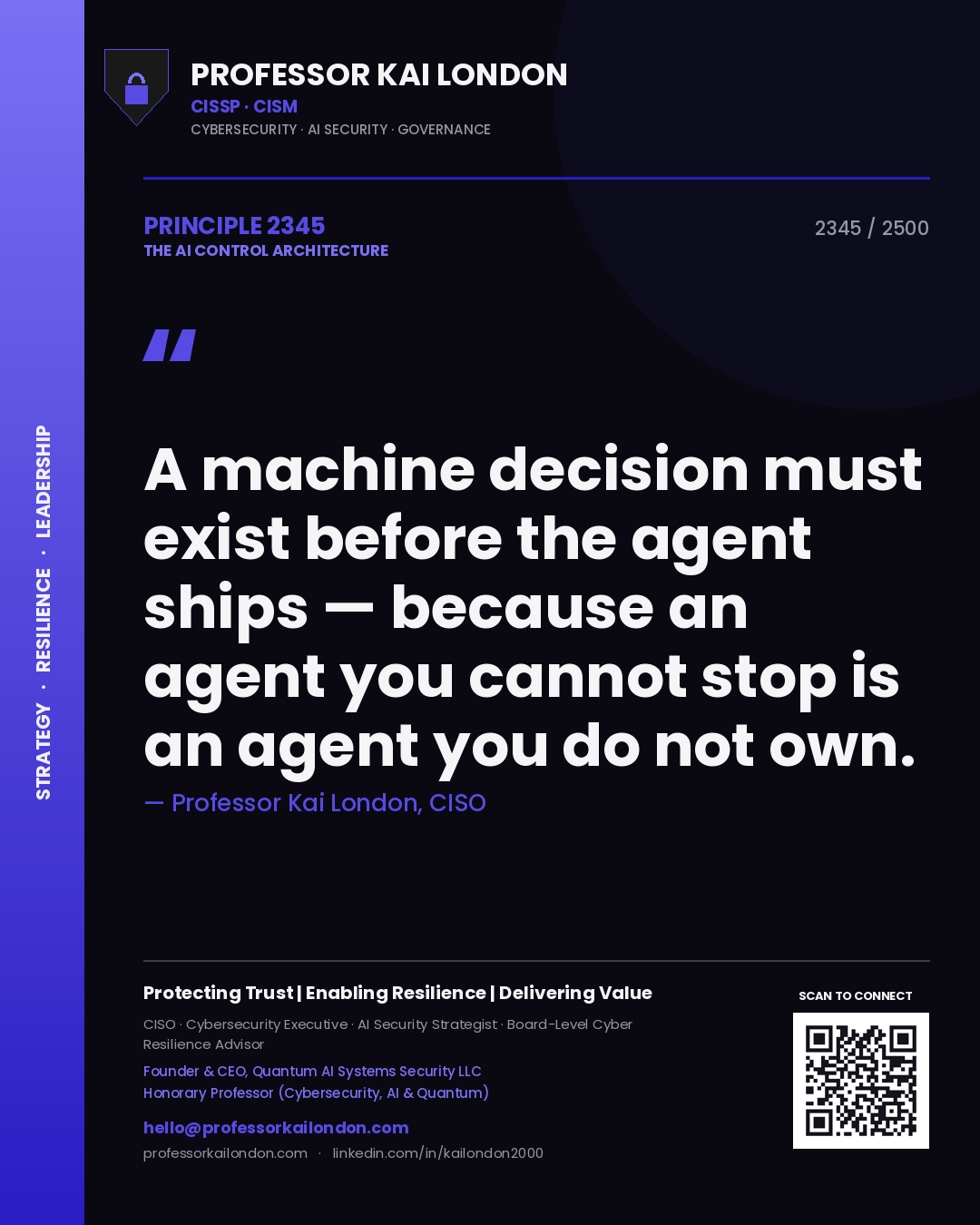 Professor Kai London principle 2345: A machine decision must exist before the agent ships — because an agent you cannot stop is an agent you do not own.