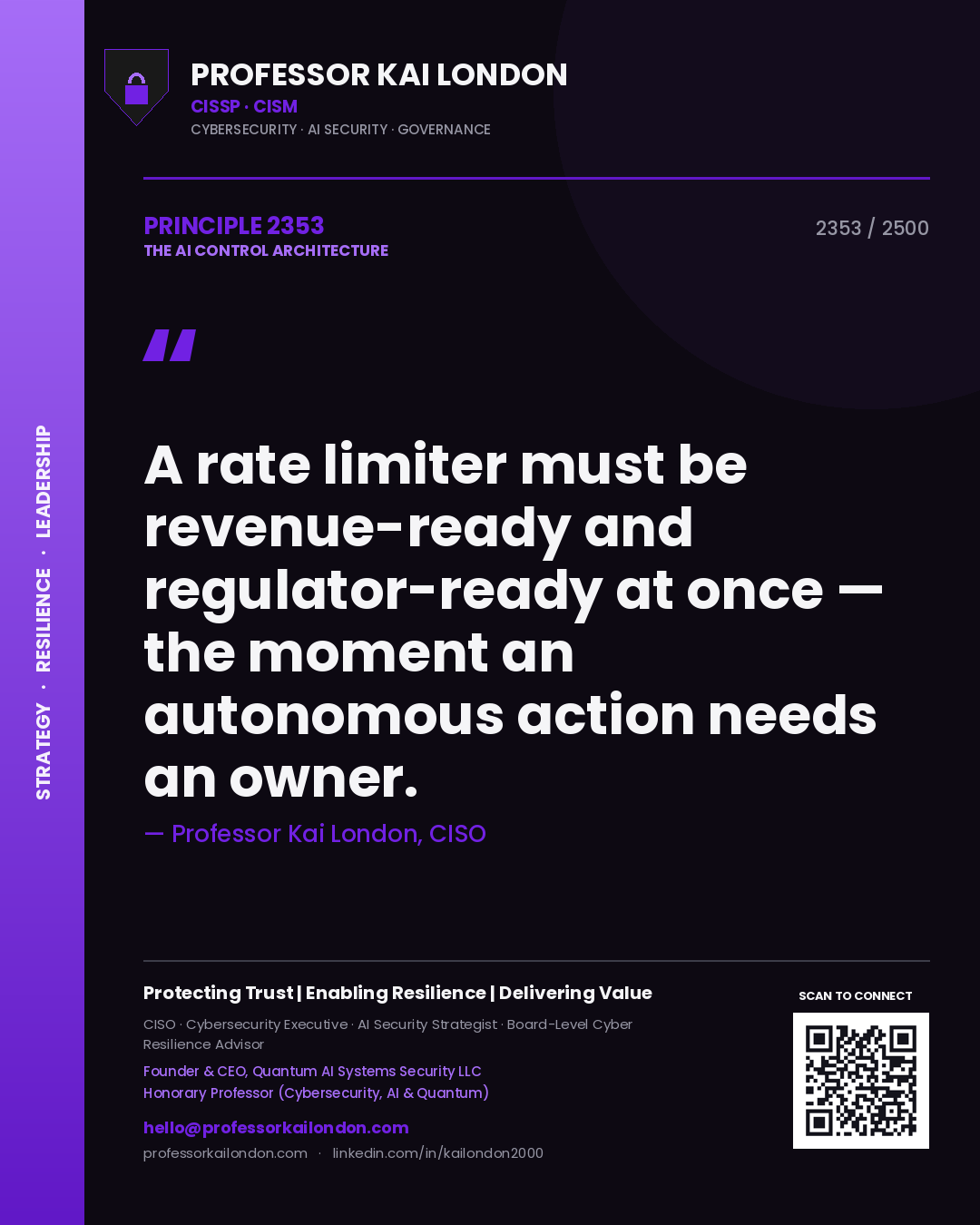 Professor Kai London principle 2353: A rate limiter must be revenue-ready and regulator-ready at once — the moment an autonomous action needs an owner.