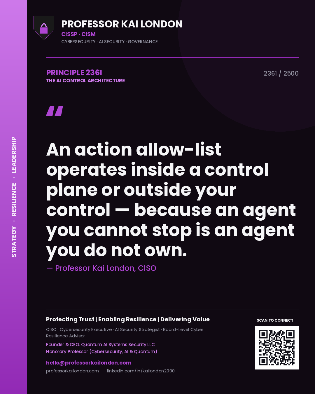 Professor Kai London principle 2361: An action allow-list operates inside a control plane or outside your control — because an agent you cannot stop is an agent you do not own.