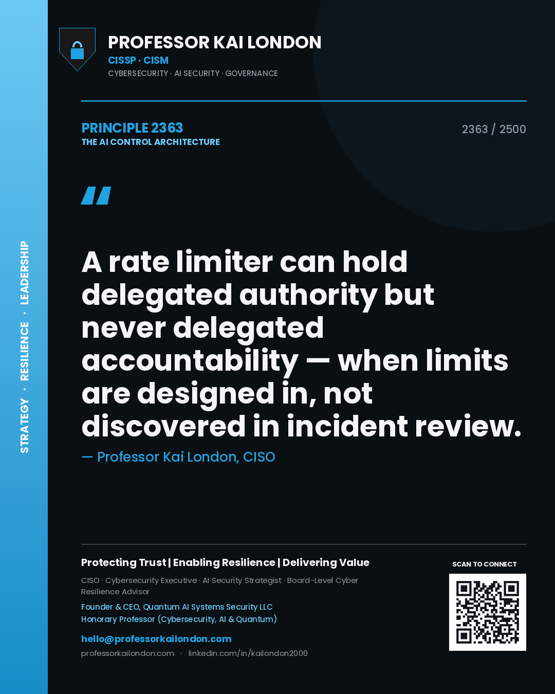 Professor Kai London principle 2363: A rate limiter can hold delegated authority but never delegated accountability — when limits are designed in, not discovered in incident review.