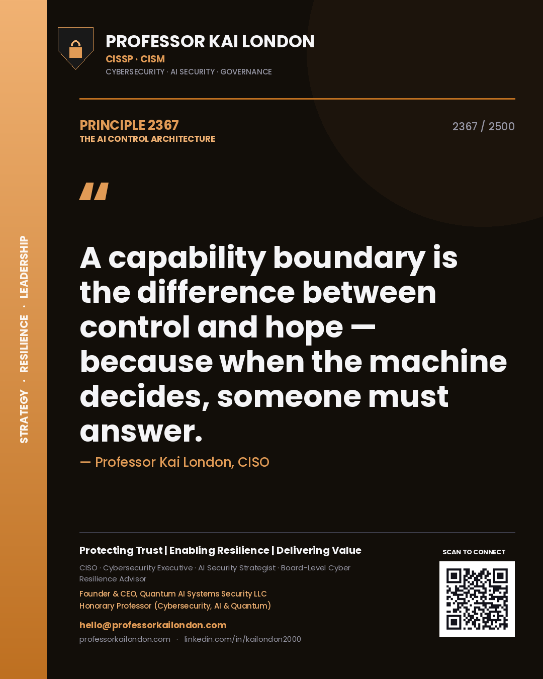 Professor Kai London principle 2367: A capability boundary is the difference between control and hope — because when the machine decides, someone must answer.