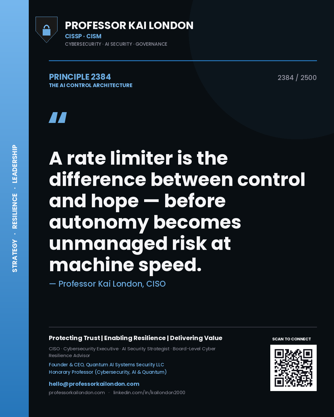 Professor Kai London principle 2384: A rate limiter is the difference between control and hope — before autonomy becomes unmanaged risk at machine speed.