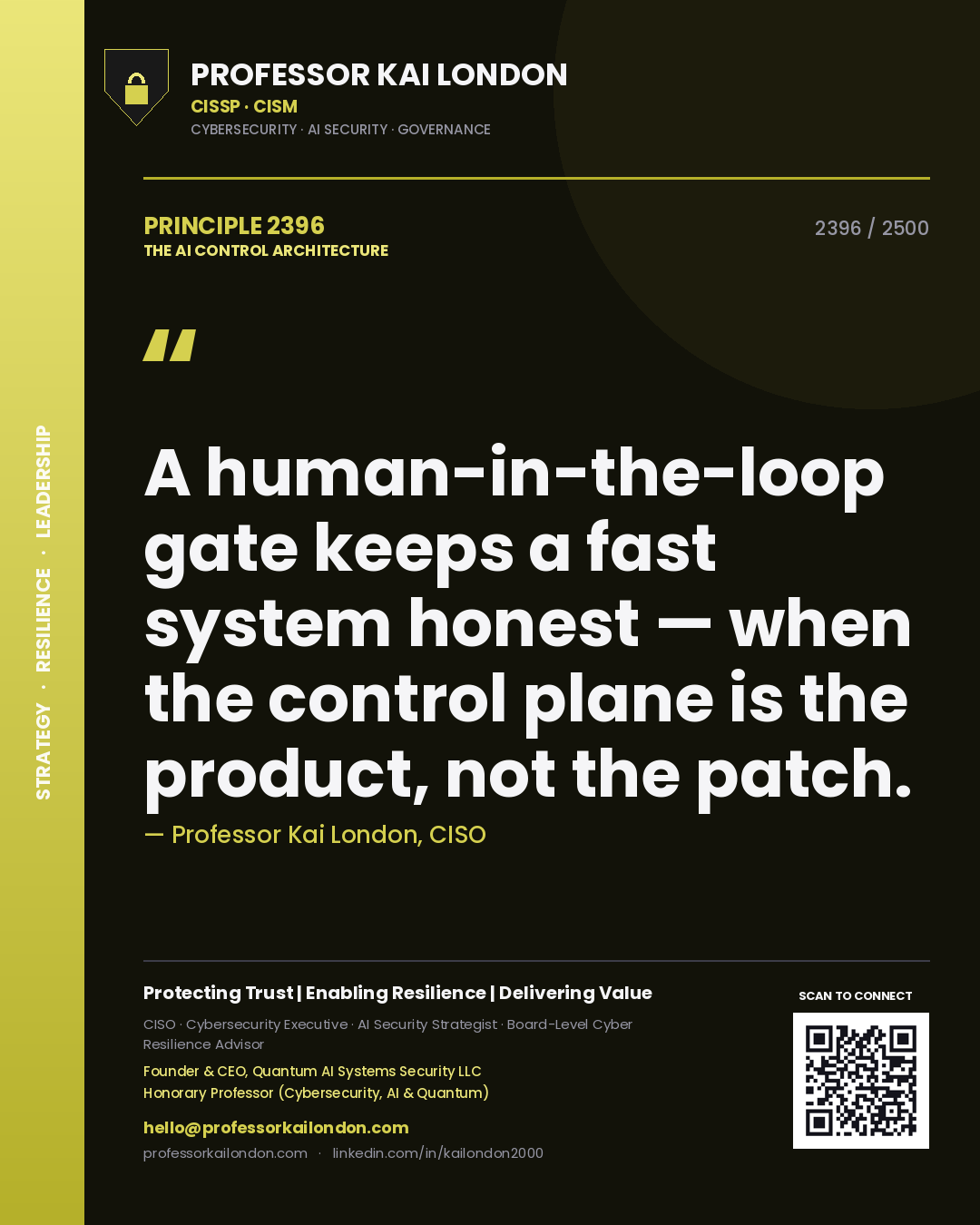Professor Kai London principle 2396: A human-in-the-loop gate keeps a fast system honest — when the control plane is the product, not the patch.