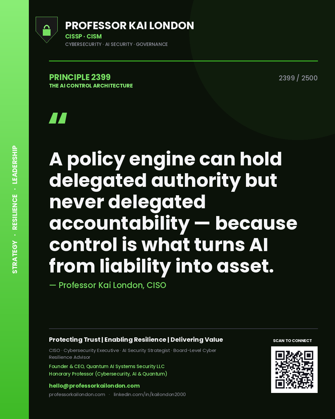 Professor Kai London principle 2399: A policy engine can hold delegated authority but never delegated accountability — because control is what turns AI from liability into asset.