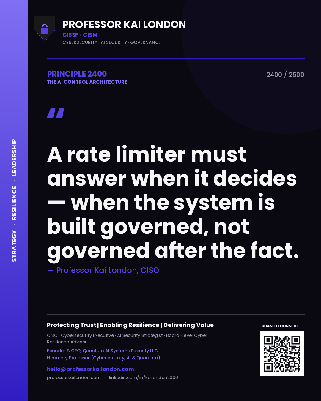Professor Kai London principle 2400: A rate limiter must answer when it decides — when the system is built governed, not governed after the fact.