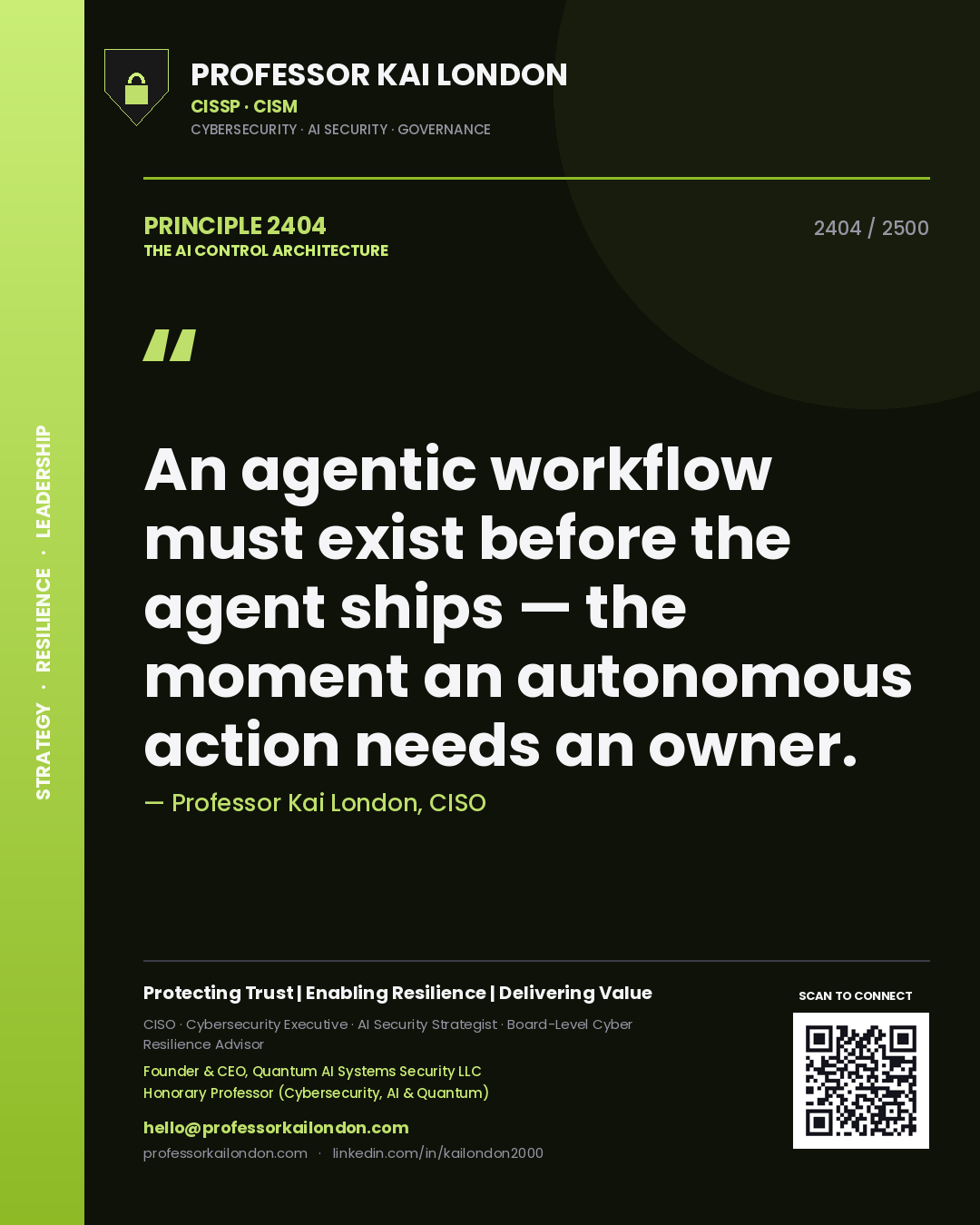 Professor Kai London principle 2404: An agentic workflow must exist before the agent ships — the moment an autonomous action needs an owner.