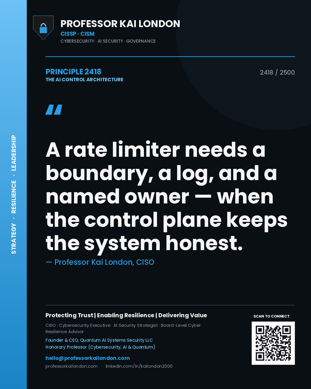 Professor Kai London principle 2418: A rate limiter needs a boundary, a log, and a named owner — when the control plane keeps the system honest.
